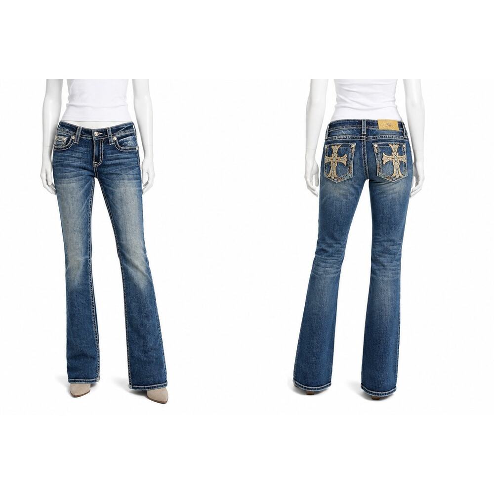 Miss Me Jeans Womens 28 Blue Wash Bootcut Embroidered Rhinestone Cross Denim
